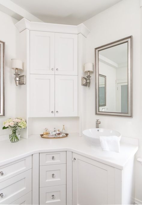 Bathroom Renovation - Our most Elegant design yet! - Claire Jefford L Shaped Bathroom Vanity, Brighten Bathroom, L Shaped Vanity, L Shaped Bathroom, Corner Bathroom Cabinet, Bathroom Corner Cabinet, Beveled Mirrors, Corner Bathroom Vanity, Curved Cabinets