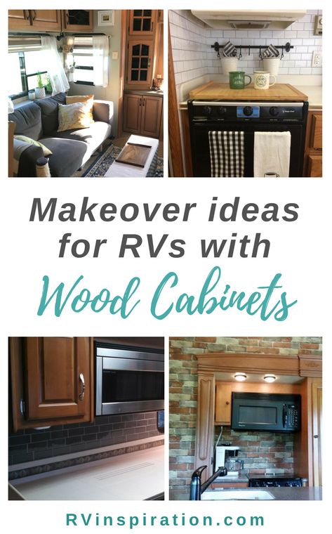 Updates and makeovers for camper and motorhome kitchens with oak cabinets Replacing Camper Cabinets, Camper Renovation No Slides, Camper Interior Paint Colors, Camper Cabinet Colors, Camper Cabinet Redo, Painting Camper Cabinets, Camper Upgrades, Cabinet Makeover Ideas, Rv Kitchen Remodel