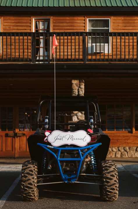 Bride and Groom Parking, Just Married, ATV at our Forest House Lodge Wedding. Polaris RZR. Atv Wedding Ideas, 4 Wheeler Engagement Pictures, Rzr Couple Photoshoot, Atv Wedding Photos, Jeep Wedding Car Decoration, Wedding In N Out Truck, Wedding Honeymoon Fund, Wedding Getaway, Wedding Getaway Car