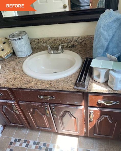 $907 Bathroom Redo with Green Vanity - Before and After Photos | Apartment Therapy Brown Counter Bathroom, Brown Countertop Bathroom, Bathroom Brown Countertop, Bathroom With Brown Countertop, Brown Bathroom Countertop, Bathroom With Dark Countertop, Brown Countertops Bathroom, Black Countertops Bathroom, Brown And Green Bathroom