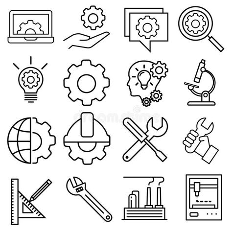 Engineering icon vector set. Manufacturing illustration sign collection. engineer symbol. technology logo. royalty free illustration Robotics Logo Design Ideas, Mechanical Engineering Symbols, Engineering Icon, Mechanical Engineering Logo, Civil Engineering Logo, Engineering Symbols, Electrical Engineering Technology, Mobile Illustration, Logo Engineering