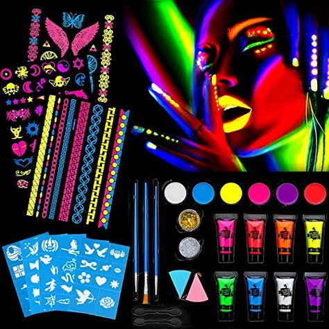 Neon Party Makeup, Makeup Amazon, Neon Face Paint, Neon Tattoo, Glow In Dark Party, Dark Party, Face Paints, Carnival Halloween, Halloween Zombie