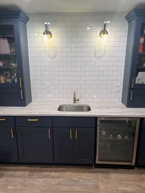 Navy Blue Basement Bar, Navy Blue Bar Cabinets, Basement Bar Cabinets, Basement Wet Bar, Navy Cabinets, Basement Redo, Basement Living, Basement Bar Designs, Basement Reno