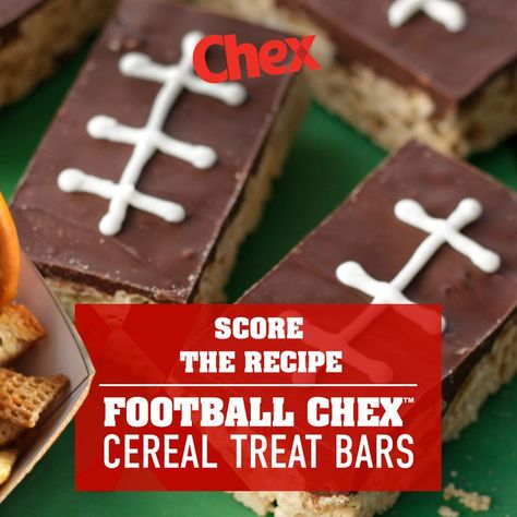 Put your spin on game day dessert. Our Football Chex Cereal Treat Bars take just 5 simple ingredients to make and they're the perfect snack for kids and adults alike. Chex Cereal Treats, Cereal Treat Bars, Football Viewing Party, Chex Recipes, Football Treats, Superbowl Food, Chex Party Mix, Treat Bar, Chex Cereal