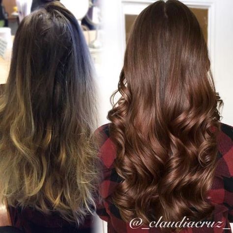 "This mommy-to-be came in with a grown out balayage and wanted something less maintenance and richer with color," says Claudia Cruz (@_claudiacruz_) of Marlene Weber Day Spa, Poughkeepsie, NY. "She had a natural level 5 on about 4-5 inches from her root down and the rest was balayaged to about a level 8-9." Here Cruz shares how she granted her wish: Step 1: Apply Goldwell TopChic 6G + 6N with 10 volume developer on her root and bring down about 4-5 inches "just to add some warmth to her natu... Grown Out Balayage, Warm Brunette, Beauty Careers, Poughkeepsie Ny, Hair Color Formulas, Editorial Hair, Day Spa, Level 5, Modern Salon