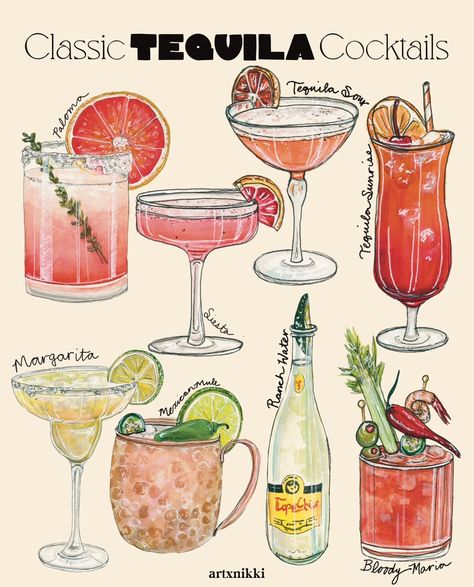 Classic Tequila Cocktails Chart watercolor part print features various classic tequila cocktails, all labeled with the cocktail name! Includes: Paloma, Siesta, Tequila Sour, Tequila Sunrise, Margarita, Mexican Mule, Ranch Water, Bloody Maria It is printed on a cold press, watercolor textured paper. Acid free, archival, and very sturdy with a matte finish. They are quickly shipped in both a plastic protective sleeve and a rigid mailer to ensure its safety during shipping. Each print is made to or Paloma Cocktail Aesthetic, Cocktail Drawing Illustration, Hollywood Collage, Cocktails Pretty, Tequila Sour, Aesthetic Cocktails, Classic Tequila Cocktails, Cocktails Drawing, Mexican Mule