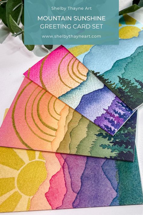 Send sunshine, love and mountains with this gorgeous variety pack of artist greeting cards featuring artwork from Shelby Thayne. Geometric Watercolor Painting, Sunshine Watercolor, Greeting Cards Watercolor, Sunshine Cards, Cards Watercolor, Sunshine Love, Watercolor Bookmarks, Watercolor Flower Art, Watercolor Art Lessons