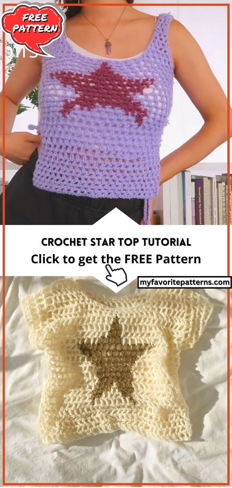 Crochet Star Top Tutorial Star Crochet Top Pattern, Star Sweater Crochet Pattern, Crochet Star Shirt, Crochet Concert Top, Star Crochet Pattern Free, Crochet Star Top, Summer Crochet Tops, Start Crocheting, Crochet Jacket Pattern