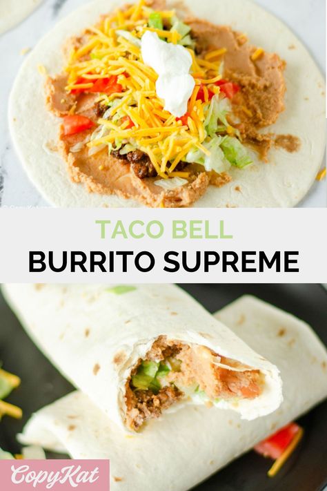 Beef Burrito Supreme, Burrito Supreme Recipe Taco Bells, Taco Bell Copycat Recipes Beef, Beef And Bean Burritos Easy, Taco Bell Burrito Supreme Recipe, Taco Bell Burrito Supreme, Burrito Supreme Recipe, Taco Bell Burrito, Burrito Supreme