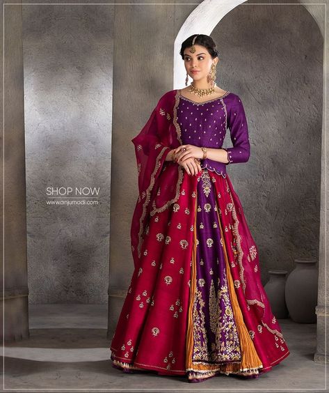 Anju Modi on Instagram: “Aparajita Lehenga Set Our Aparajita Lehenga set re-imagines traditional lehenga by artistically juxtaposing a slew of vivid kalis in one…” Lehenga Color Combinations, Golden Lehenga, Traditional Lehenga, Red Combination, Haldi Dress, Dupatta Style, Designer Bridal Lehenga Choli, Wedding Dressses, Frocks Design