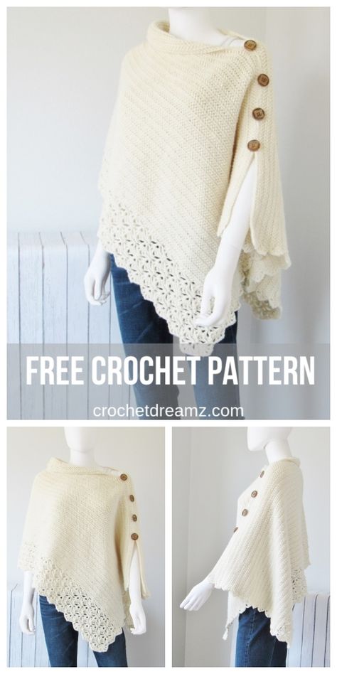 Knit Look Uptown Poncho Free Crochet Pattern Crochet Poncho Free Pattern, Poncho Crochet, Poncho Knitting Patterns, شال كروشيه, Mode Crochet, Clothes Crochet, Crochet Poncho Patterns, Crochet Shawls And Wraps, Poncho Pattern