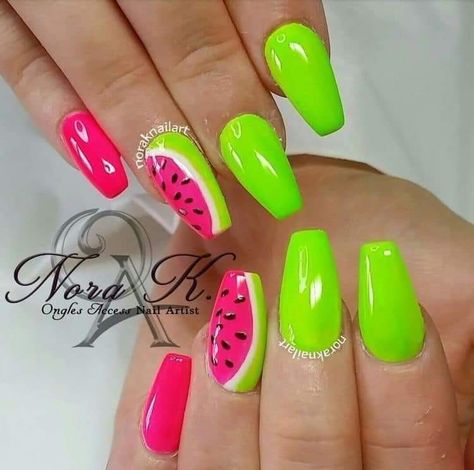 Watermelon Nails, May Nails, May Birthday, Bright Nails, Summer Acrylic Nails, Short Acrylic Nails Designs, Neon Nails, Beach Nails, Birthday Nails