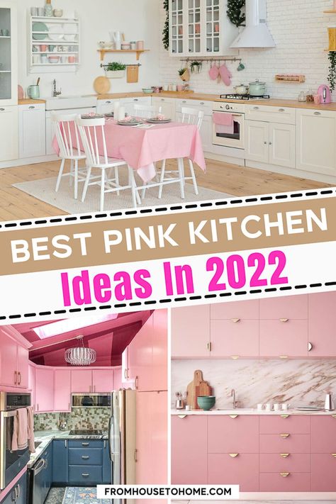 Pink And Navy Kitchen Ideas, Pink Countertops, Pink Kitchen Inspiration, Kitchen Shelf Decor Ideas, Pink Kitchen Designs, Pink Kitchen Ideas, Retro Pink Kitchens, Pink Kitchens, Pink Cabinets