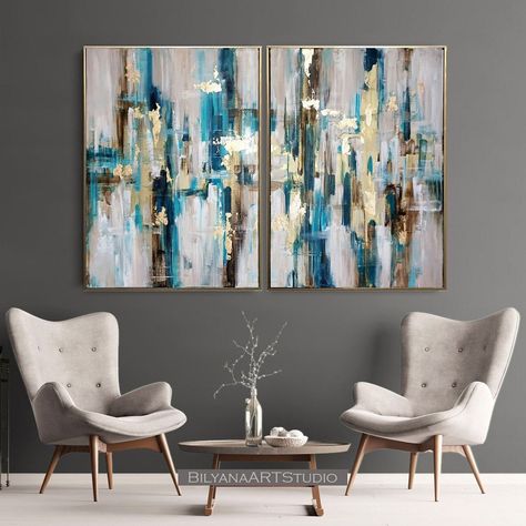 Teal And Gold Office Decor, Turquoise And Gold Living Room, Teal And Grey Living Room, Teal And Gold Living Room, Gold Entryway, Paintings Green, Business Painting, Diptych Art, Teal Living Rooms