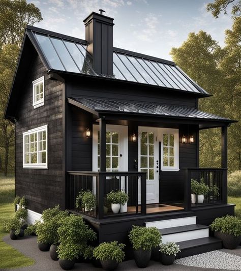 Ideas For Tiny Houses, Cottage Tiny House, Black Houses, Shed Home, Dark House, Building A Tiny House, Tiny House Inspiration, Tiny Cabins, Cottage Cabin