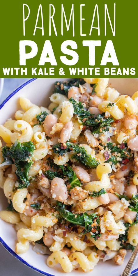 If you're looking for a cozy pasta recipe that's packed with veggies and protein, this Kale and White Bean Pasta with Parmesan is for you! This easy vegetarian dinner may look simple, but it's packed with flavor and great for a last minute weeknight dinner made with pantry staples. Enjoy with a side salad or garlic bread. #vegetarianpasta #easydinner #comfortfood #kalepasta Kale And Noodles Recipes, Pasta And White Beans, Pasta With Butter Beans, White Bean Dinner Recipes, White Bean Pasta Recipe, Pasta Meal Prep Vegetarian, Lentil Pasta Recipe Healthy Dinners, Kale Beans Recipes, Pasta Cannellini Beans