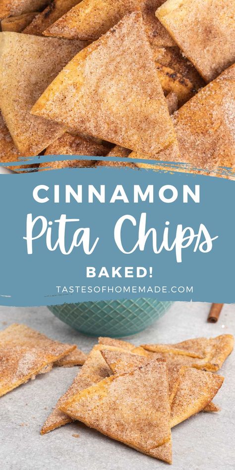 These baked cinnamon sugar pita chips are sweet and crispy. Brushed with butter, and sprinkled with cinnamon sugar, these crispy, sweet chips are a great snack on their own or with your favorite dessert dip.  They are quick and easy to make, baking in only 10 minutes. Cinnamon Pita Chips And Dip, Cinnamon Pita Chips, Cinnamon Sugar Pita Chips, Sweet Chips, Pita Chips Recipe, Bagel Crisps, Baked Pita Chips, Pumpkin Fluff, Dessert Dip