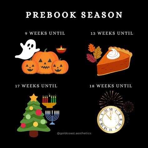 🎉✨ The holiday season is just 9 weeks away! - get a head start on your glow-up by pre-booking your treatments!

✨ Did you know it takes about 8-12 weeks to boost collagen and truly see those skin-transforming results? ⏳ Don’t wait until the last minute—book your spot now and be radiant for every festive event on your calendar. 

✨📅 Secure your appointment today - book by giving us a call (949)998-4611 💖 

#GoldCoastAesthetics #HolidayGlow #PrebookNow #Fall #Autumn Holiday Appointments, Facial Balancing, Boost Collagen, Salon Suites, Day Glow, Holiday Books, Post Ideas, 12 Weeks, Head Start