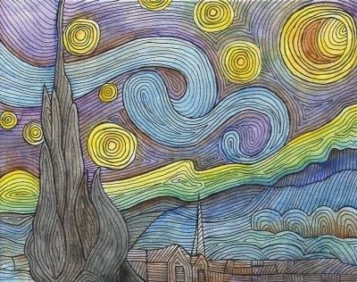 For my part I know nothing with any certainty, but the sight of the stars makes me dream.  --Vincent van Gogh   It was by sheer coincidenc... Line Art Projects, Contour Lines, Creation Art, Arte Van Gogh, Line Artwork, Hawaiian Quilts, Star Gazing, Easy Canvas Art, Van Gogh Art