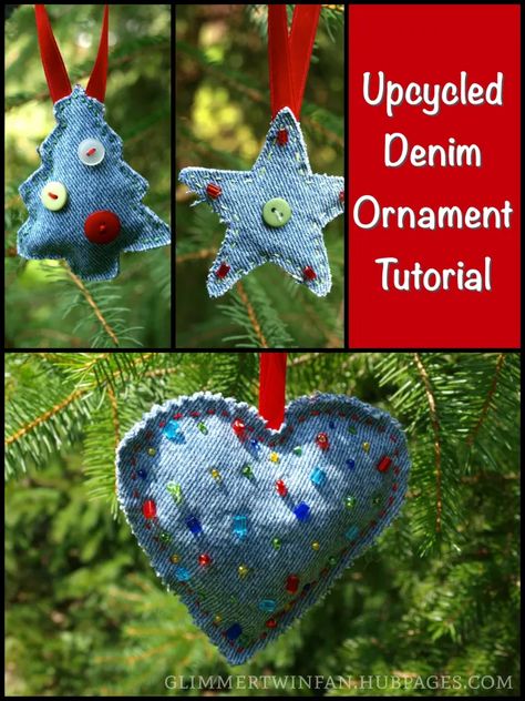 How to Make Ornaments out of Recycled Jeans and Denim - HubPages Make Ornaments, Artisanats Denim, Juleverksted For Barn, Deer Scene, Paint Concrete, Denim Crafts Diy, Homemade Ornaments, Lawn Ornaments, Recycled Jeans