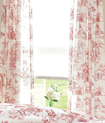 red toile Red Toile Bedroom, Red Dining Rooms, Red Toile Curtains, Red Living Rooms, Kitchen Lighting Fixtures Track, Window Ledge Decor, Quirky Cottage, Best Window Treatments, Toile Curtains