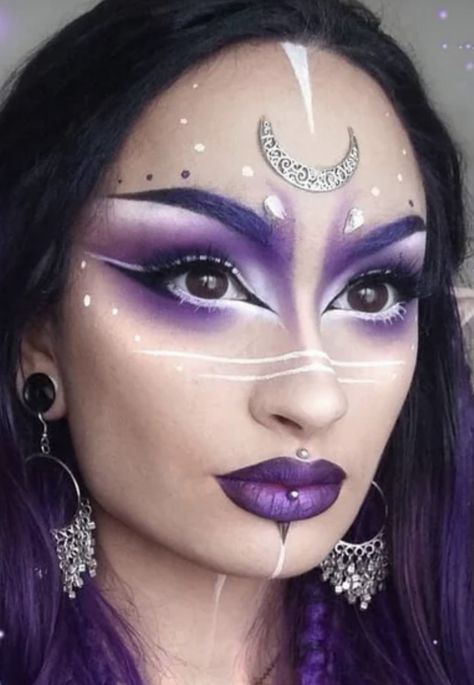 Glitter Witch Makeup Halloween, Purple Avant Garde Makeup, Fairy Witch Costume Diy, Mystic Witch Makeup, Sorcerer Makeup Halloween, Simple Witch Makeup Purple, Nice Witch Makeup, Purple Goddess Makeup, Halloween Style Makeup