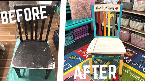 Watch how I transform an old chair into a personalized teacher chair. Go subscribe to my YouTube channel for more crafty videos! 😘 Painted Classroom Chair, Teacher Painted Chair, Teacher Chairs For Classroom, Teacher Rocking Chairs, Teacher Stools, Teacher Chair, Crafty Videos, Preschool Valentines Activities, Painting Kids Furniture