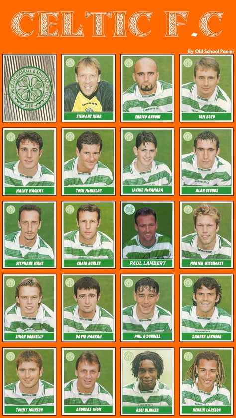 Celtic team stickers in 1998-99. Larsson Celtic, Posca Art Doodle, Celtic Team, Henrik Larsson, Celtic Football Club, Phone Screensaver, Glasgow Green, Celtic Football, Celtic Legends