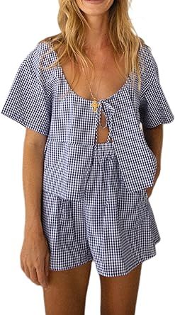 KMBANGI Women Tie Front 2 Piece Pajama Gingham Lounge Set Short Sleeve Babydoll Shirt Blouse Plaid Boxer Shorts Matching Pj Plaid Set Outfit, Plaid 2 Piece Outfit, Cute Pijamas, Plaid Boxer Shorts, Gingham Set, Plaid Boxers, Plaid Set, Peplum Shirt, Babydoll Shirt