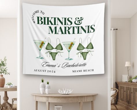 Bikinis and martinis bachelorette sign Celebrate Her Escape: Custom Bikinis and Martinis Bachelorette Banner with Bride's Name, Date & Location! Planning an epic bachelorette getaway for your bestie? Make it unforgettable with our custom Tini and Martini Bachelorette Tapestry! This eye-catching martini-themed decoration is the perfect way to personalize the party space and celebrate the bride-to-be in style.  Here's why your crew will love our Personalized Bachelorette Party Decorations: Our adv Havasu Bachelorette Party, Bikinis And Tinis Party, Aruba Bachelorette Party, Martini Bachelorette Party Theme, Martini Themed Bachelorette Party, Bachelorette Party Classy, Cute Bachelorette Party Themes, Bikinis And Martinis Bach Party, Unique Bachelorette Party Themes