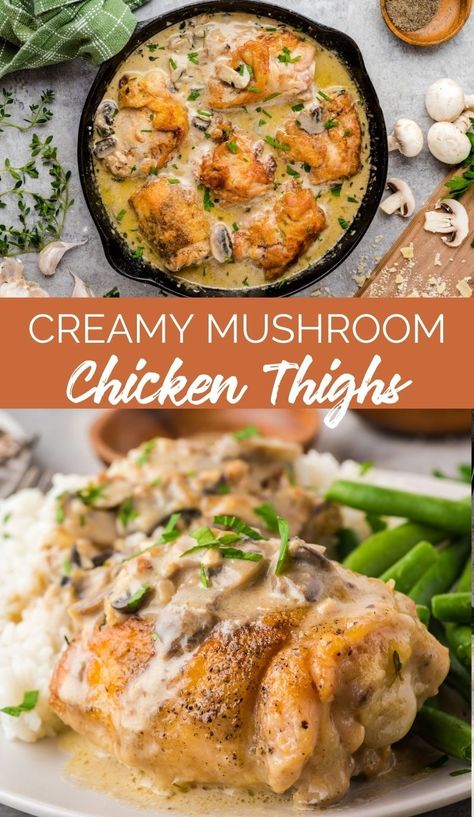 This Creamy Mushroom Chicken Thighs Skillet packs all the rich flavors of cream, mushroom, garlic and cheese resulting in a family favorite recipe that will come together within 40 minutes! via @familyfresh Chicken Thighs Skillet, Chicken Thighs Crockpot, Mushroom Chicken Thighs, Reset Recipes, Recipes Chicken Thighs, Creamy Chicken Dish, Cream Of Mushroom Chicken, Rotel Recipes, Mushroom Garlic