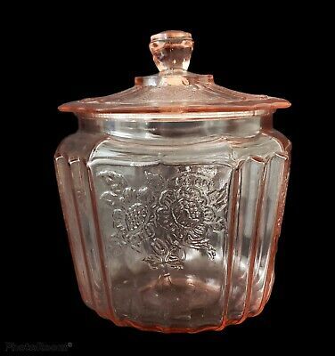 Mayfair Open Rose Pattern. The inner rim of the jar is rough from usage otherwise in very good condition. 8" H; 5 1/4" W at base; 6" W at top; lid 5 1/4" W. Antique Knowledge, Vintage Glassware Antiques, Glass Cookie Jars, Pink Cookies, Glassware Design, Pink Glassware, Antique Glass Bottles, Open Rose, Antique Dishes