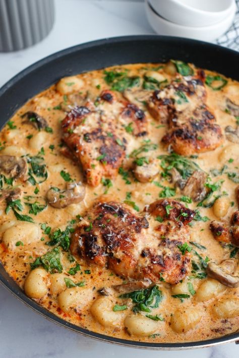 Pumpkin Gnocchi With Chicken, Baked Gnocchi Recipes, One Pan Creamy Chicken, Creamy Chicken And Gnocchi, Gnocchi With Chicken, Crusted Potatoes, Chicken And Gnocchi, Parmesan Crusted Potatoes, Creamy Mushroom Chicken