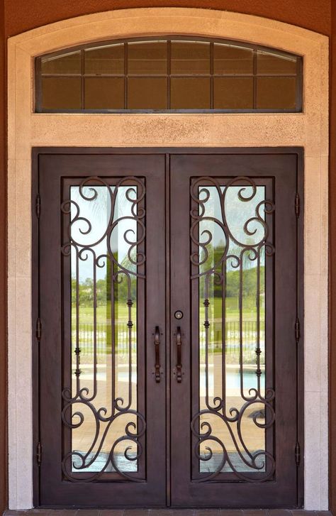 Front Door Style w/ Eyebrow Top Wrought Iron Designs, House Entrance Doors, Wrought Iron Front Door, Iron Front Door, Iron Entry Doors, Iron Door Design, Wooden Main Door, Iron Gate Design, Door Entryway