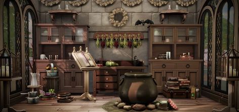 Sims Witch Cottage, Acnh Study Room Ideas, Witch Study Room, Sims 4 Witch House Interior, Sims 4 Apothecary Cc, Sims 4 Witch Room, Acnh Witch House, Witch Apartment, Sims 4 Witch House