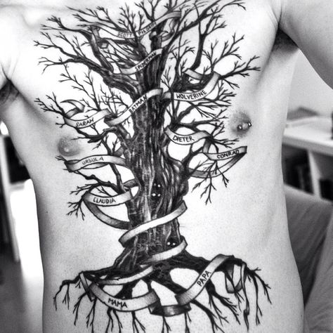 I kinda like the idea of the banner with names Tree Tattoo Chest, Good Family Tattoo, Family Tattoos For Men, Tree Tattoo Men, Family Tree Tattoo, Family Tattoo Designs, Tree Tattoo Designs, Back Tattoos For Guys, Tree Of Life Tattoo