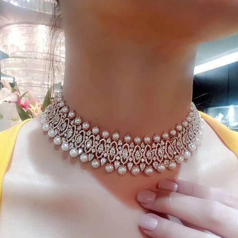 White Stone Cubic Zirconia Micro Pave Setting Wedding Choker Begani Jewels, Choker Necklace Designs, Diamond Necklace Designs, Pearl And Diamond Necklace, Indian Jewellery Design Earrings, Wedding Jewellery Collection, Indian Jewelry Sets, Rock Jewelry, Diamond Jewelry Necklace