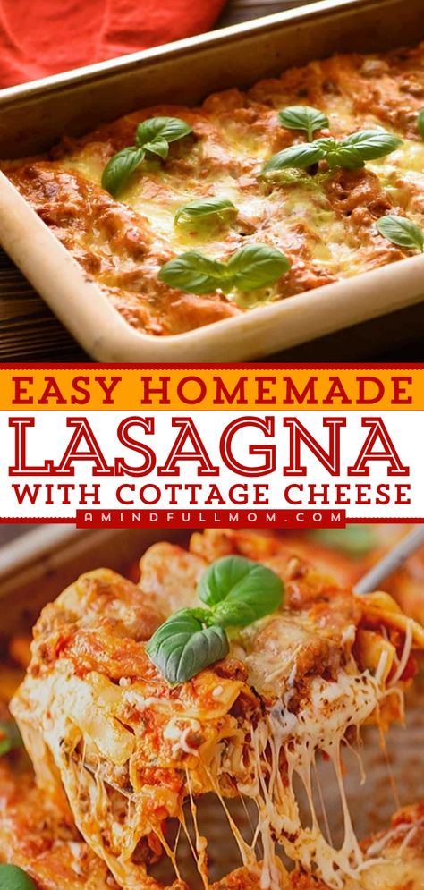 This recipe for Lasagna with Cottage Cheese is one of the easiest versions of homemade lasagna. It delivers the flavors of classic lasagna, complete with a hearty meat sauce, creamy filling, and tons of cheese. Yet with this easy lasagna recipe, you don't even have to parboil the noodles or use special no-boil noodles! Lasagna Cottage Cheese Recipe, Ravioli Lasagna With Cottage Cheese, Lasagna Easy Recipe, Eggless Lasagna Recipe, Easy Lasagna Recipe With Cottage Cheese, Crockpot Lasagna With Cottage Cheese, Homemade Lasagna With Cottage Cheese, Gallbladder Meals, Simple Meat Sauce