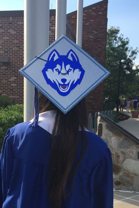 Uconn Graduation Cap made of textured paper, pearls, and glitter tape Uconn Graduation Cap, Uconn Grad Cap, Uconn Aesthetic, Female Genius, High School Graduation Cap Designs, Graduation Hats Decorated, College Plan, Uconn Basketball, College Graduation Photoshoot