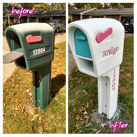 Mailbox Painting Ideas Simple, Spray Paint Mailbox Diy, Plastic Mailbox Makeover Ideas, Plastic Mailbox Makeover, Mailbox Update, Mailbox Upgrade, Garden Ornaments Diy, Mailbox Makeover, Yard Makeover