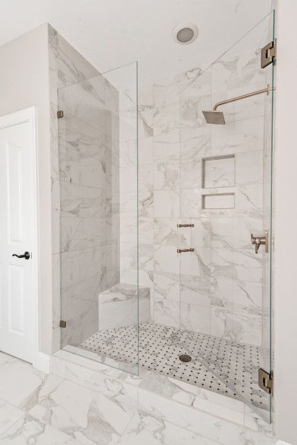 If you want a little bench seat or if you want niches in the walls this looks like it might end up being close to the type of size of shower that you have Gold Plumbing Fixtures, White And Gray Tile, Serene Room, Leslie Williams, Master Addition, Bathroom Basement, White Marble Bathrooms, Bathroom Showers, Full Bathroom Remodel