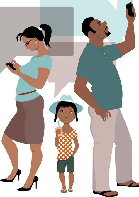 Study finds kids unhappy with parents overdoing it on activities like using cellphones at mealtimes. Cell Phone Contract, 21st Century Teacher, Divorce Counseling, Kids Cell Phone, Family Connection, Satirical Illustrations, Creative School Project Ideas, Counseling Kids, Social Media Poster