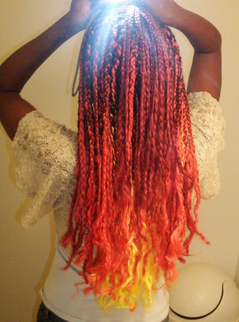 I'm trying a braided fire hair design.... Fire Hair Aesthetic, Sunset Braids, Fire Inspired Hair Color, Fire Braids, Fire Ombre Hair Curly, Fire Ombre Hair Long, Fire Hair, Hair Design, Hair Inspiration Color