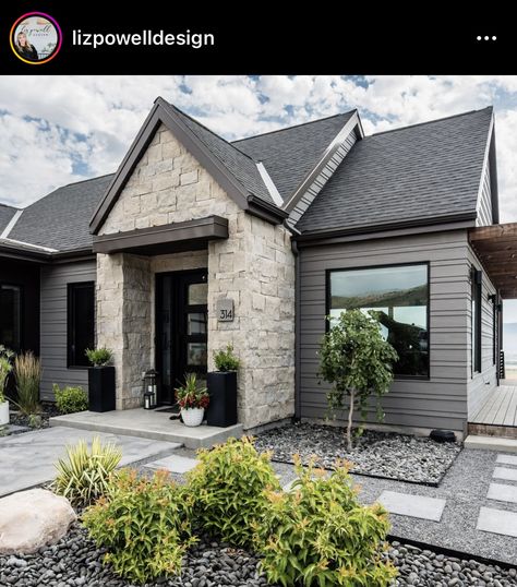 Dark Siding Light Stone Exterior, Farmhouse Exterior Stone, House With Stone Accent Exterior, Limestone Exterior House, Exterior Stone And Siding Combinations, Limestone House Exterior, Dark Exterior House, Horizontal Siding, Gutter Colors