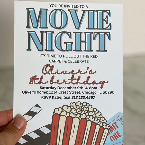 Movie Theater Invitations, Movie Theater Party Invitations, Movie Night Birthday Party Invitations Free Printables, Birthday Movie Night Invitations, Movie Theater Birthday Invites, Movie Invitation, Party Edit, Movie Birthday, 5x7 Cards