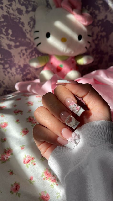 Hello kitty nails Pink Birthday Nails Hello Kitty, Pink Hello Kitty Nails Simple, Nails Acrylic Coffin Hello Kitty, Cute Simple Hello Kitty Nails, Short Kitten Nails, Glitter Hello Kitty Nails, Nail Idea Hello Kitty, Pink And White Hello Kitty Nails, Hello Kitty Spring Nails