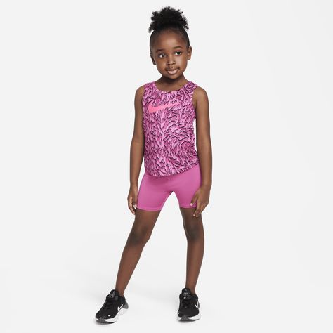 This 2-piece set is sure to be a favorite for warm weather fun. Both pieces are made of knit fabric enhanced with quick-drying, moisture-wicking Dri-FIT technology to help keep little ones cool and dry while they play. The eye-catching tank has a roomy cut and the matching bike shorts have a stretchy waistband for a comfy fit. Basic Spanish, Sports Clothes, Old Outfits, Gymnastics Outfits, Gymnastics Girls, T-shirts & Tank Tops, Athletic Outfits, Kids Sports, Comfy Fits