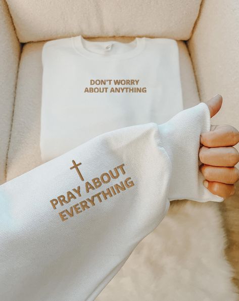 Pray About Everything Embroidered Christian Crewneck | Faith Based Merch | Minimalist Christian Apparel  💕Message me with any questions !  feel free to make your requests :)  This would make a great gift for you Christian Friends and Family  💕Be Inspired and wear your faith boldly 🤩 💕PRINTING  Embroidery provides a textured, raised look with durable stitching. With embroidery, garments get a premium and high-end feel due to the textured design. Additionally, it provides durability that does Christen Clothing, Faith Based Apparel, Christian Boutique Ideas, Bible Merch, Christian Fits, Bible Verse Embroidery, Christian Boutique, Pray About Everything, Christian Outfits