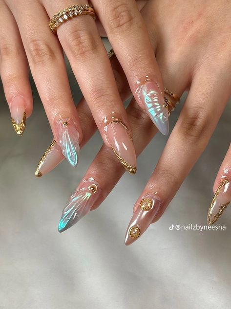 Blue And Gold Nails, Blue Gold Nails, Mermaid 3d, Summery Nails, Mermaid Nails, Classy Acrylic Nails, Cute Gel Nails, Nagel Inspo, Fire Nails