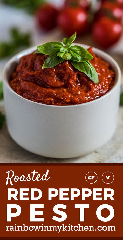 Roasted Red Pepper Pesto, Red Pepper Pesto, Pepper Pesto, Pesto Hummus, Red Pepper Recipes, Red Pesto, Vegan Pesto, Homemade Pesto, Roasted Red Pepper